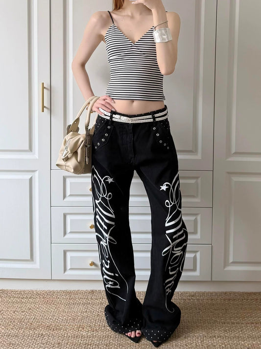 Y2K Gothic Flare Pants Women Black Studded Star Graphic Wide Leg Trousers